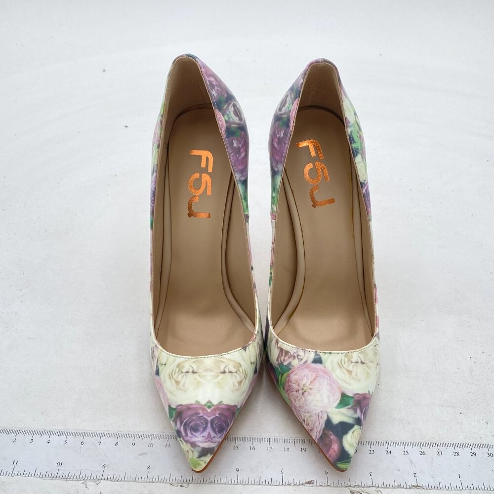 FSJ Ink Painting Rose Flower Wedding Party Shoes Slim High Heel Slip On Pumps - Picture 2 of 7